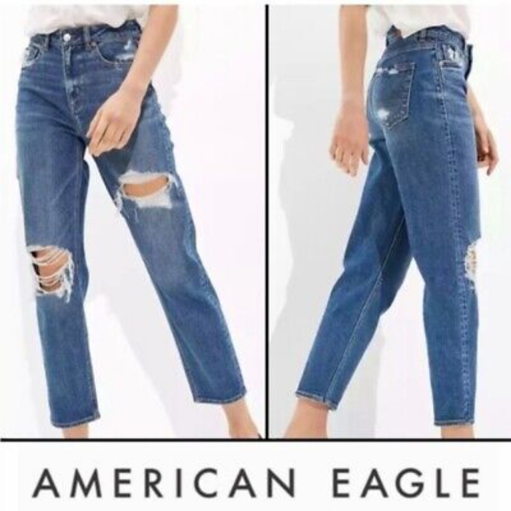 AEO Stretch Mom Straight Jeans High Rise Medium Wash Ripped Knees Blue S…